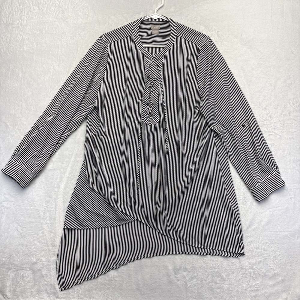 Chico's Striped Lace-Up Tunic Blouse Sz 2 12/14 Asymmetric Relaxed Coastal
